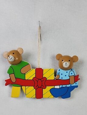 Wooden Teddy Vintage Trio Hanging Wooden Christmas Ornament Brown, Green, Red
